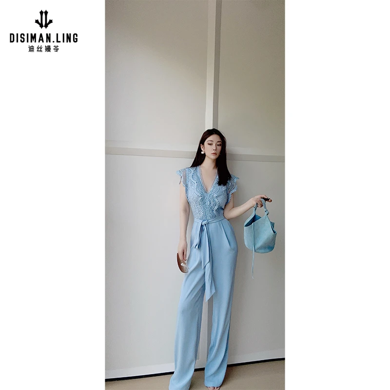 迪丝嫚苓蓝色蕾丝连体裤显瘦气质轻奢时尚夏季小众设计感原创设计