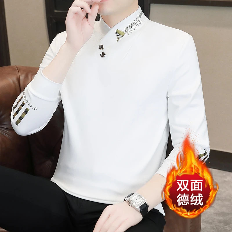2025新款德绒假两件半高领男士打底衫秋冬长袖保暖面料中领上衣男