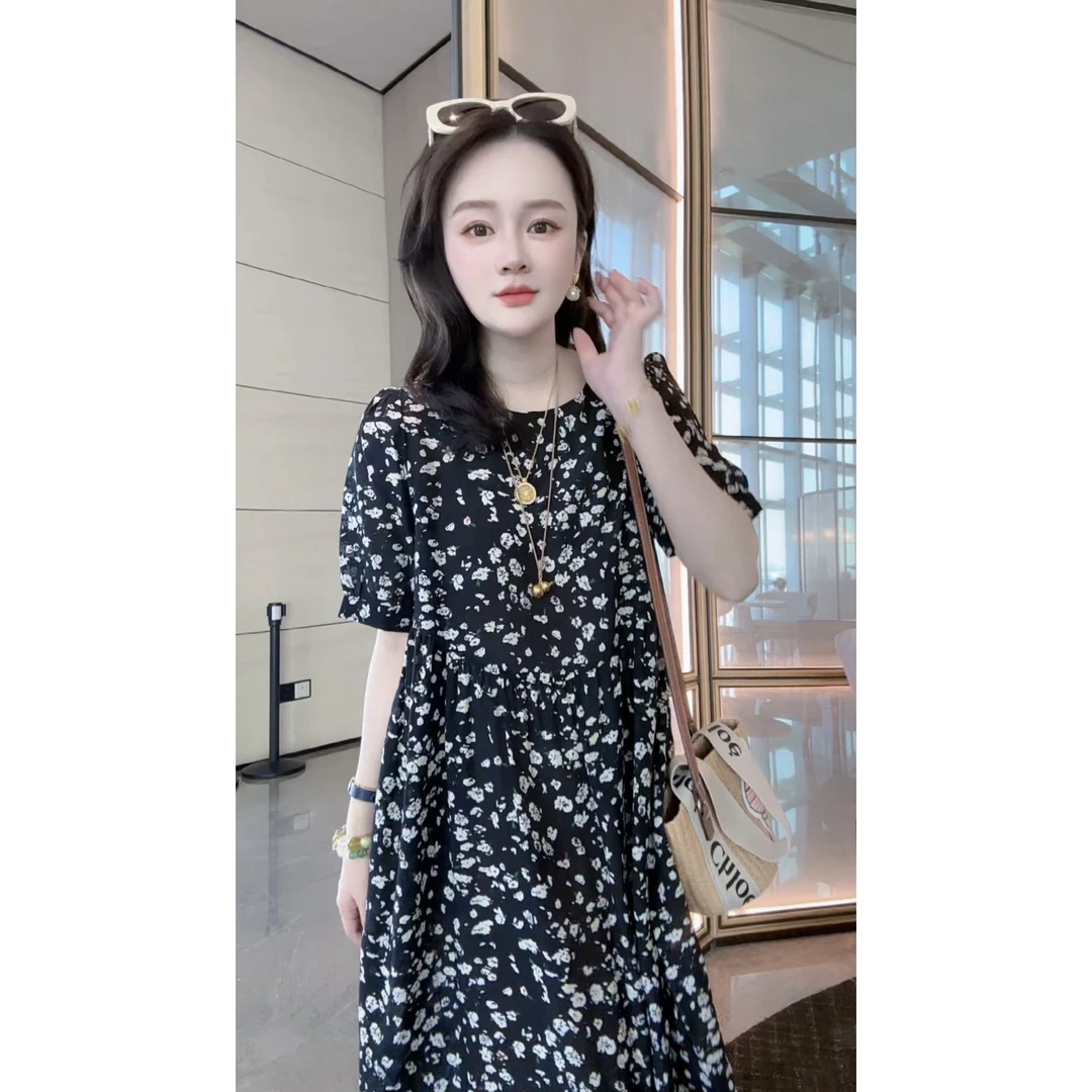 【丝芙玉禄】（S443）真丝圆领黑白碎花高级气质桑蚕丝女装连衣裙