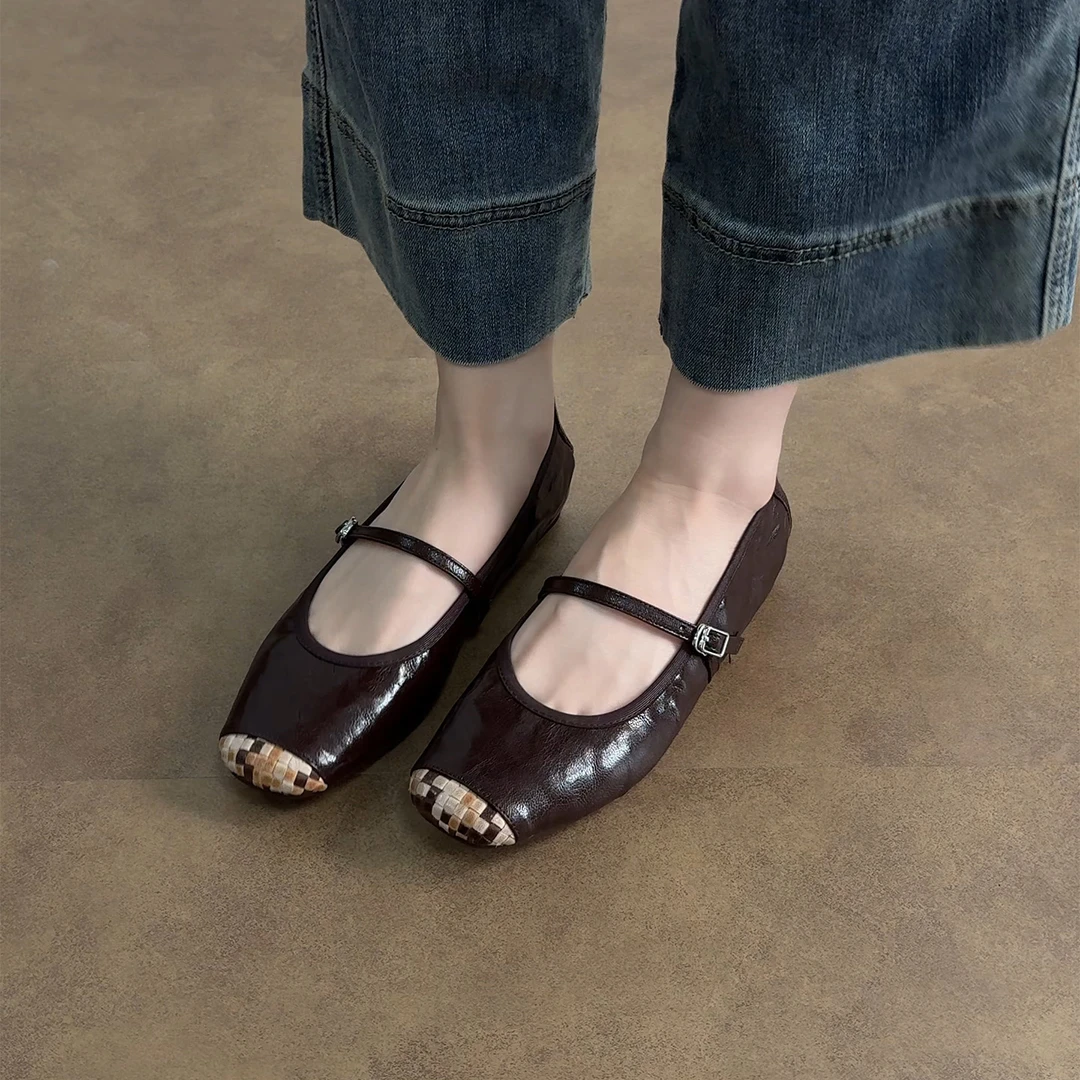 3cm/ED2317羊皮平底鞋女春秋百搭一字带复古法式玛丽珍鞋方头软底