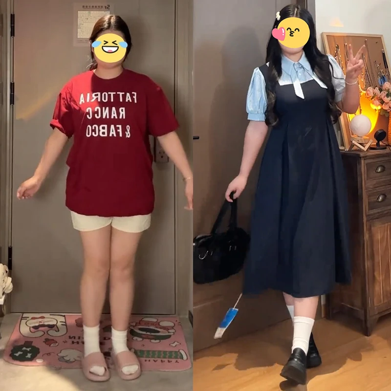 大码学院风短袖连衣裙女夏季收腰显瘦衬衫裙梨形身材胖垂感裙子