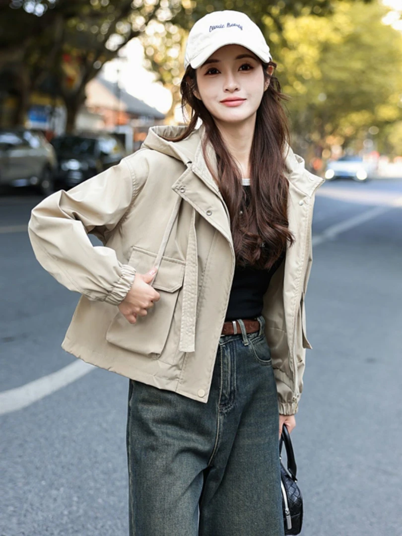 2025新款春秋女款短外套女时尚休闲百搭宽松连帽潮流洋气工装上衣