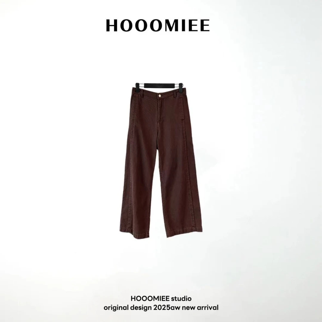 Hooomiee经典复古风咖色直筒牛仔休闲纯棉女士长裤9723