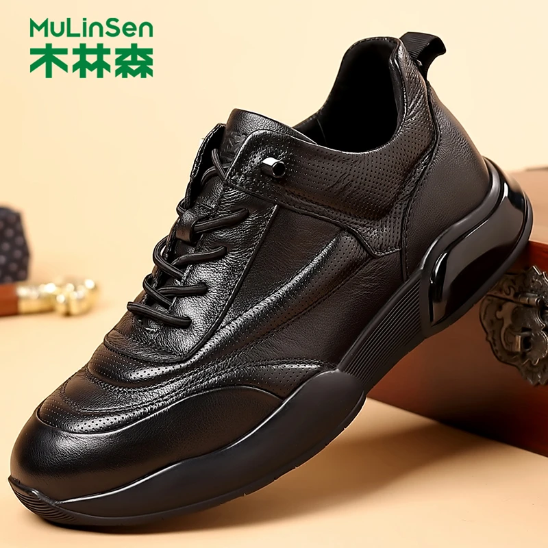 木林森男鞋2025新款真皮商务休闲软底运动爸爸一脚蹬黑色休闲皮鞋