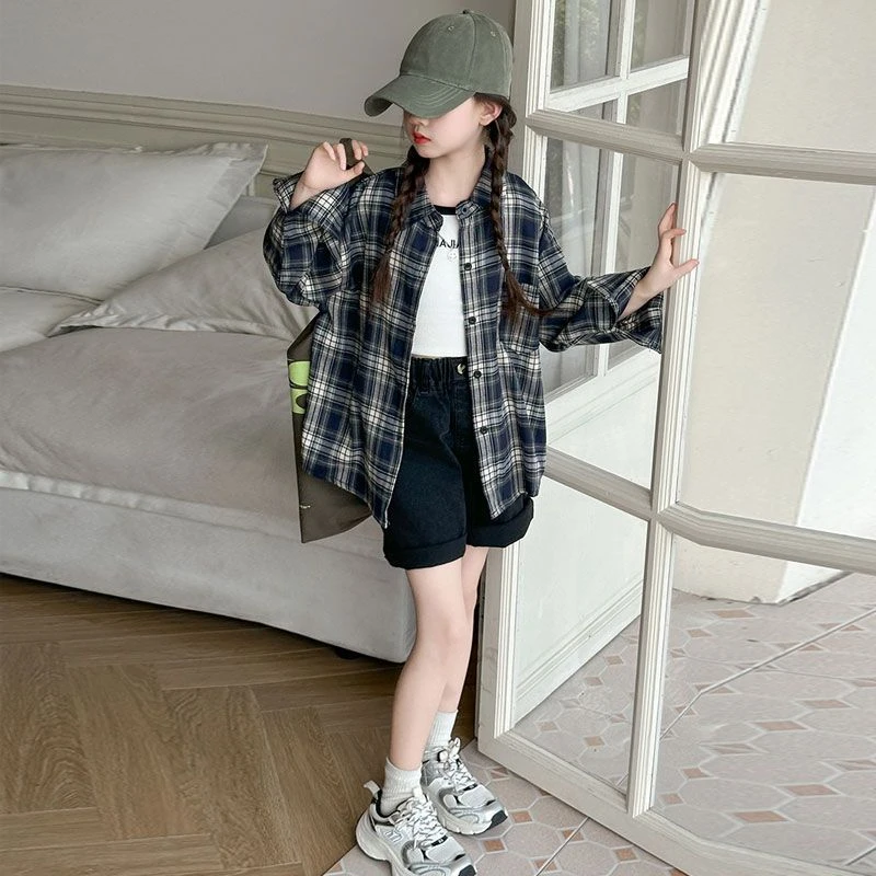 女童长袖衬衫春秋2025新款洋气儿童上衣早秋薄款女孩格子衬衣外套