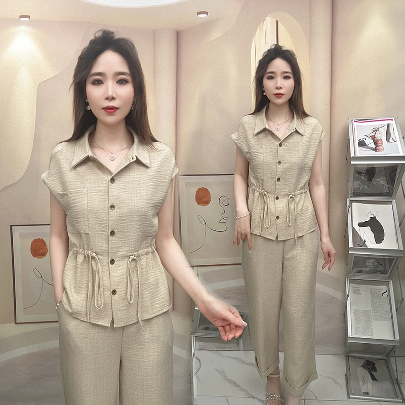 2025夏季时尚套装女上衣九分阔腿裤气质洋气衬衫女减龄显瘦两件套