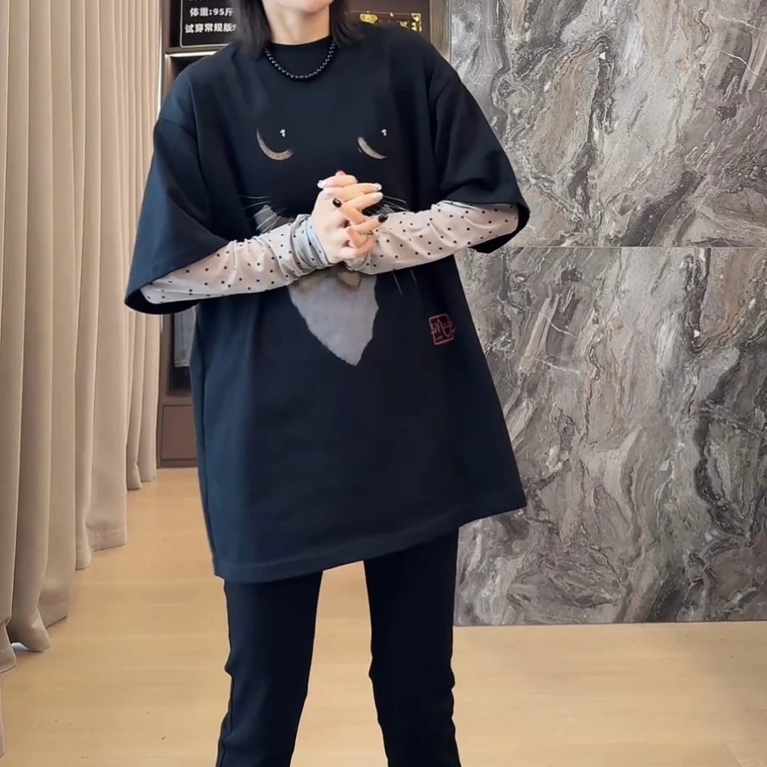 2025春款假两件波点手袖拼接休闲百搭猫咪T恤LK2502101