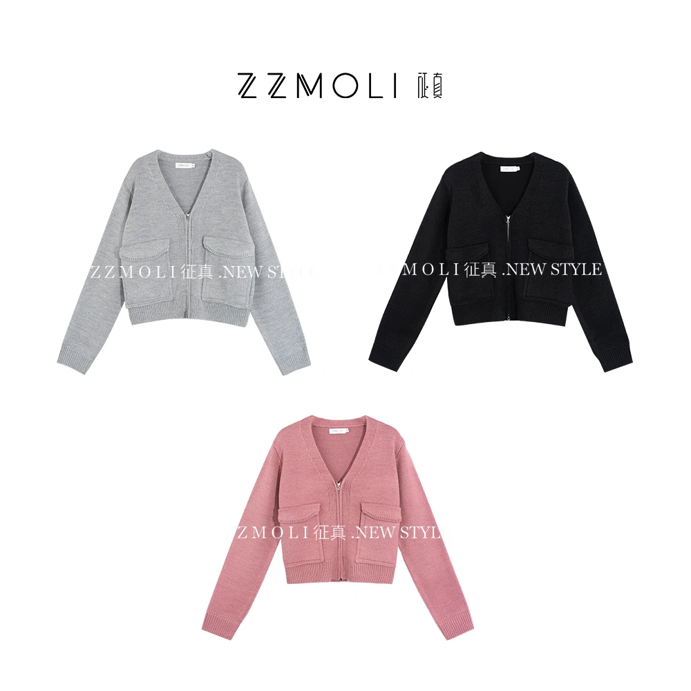 ZZMOLI简约松弛绵羊毛大袋口V领开衫毛衣双拉链针织外套ZBY18158