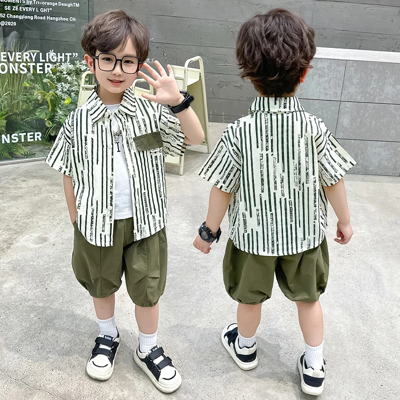 童装男童夏季衬衣套装2025新款儿童短袖衬衫洋气宝宝夏装时髦衣服