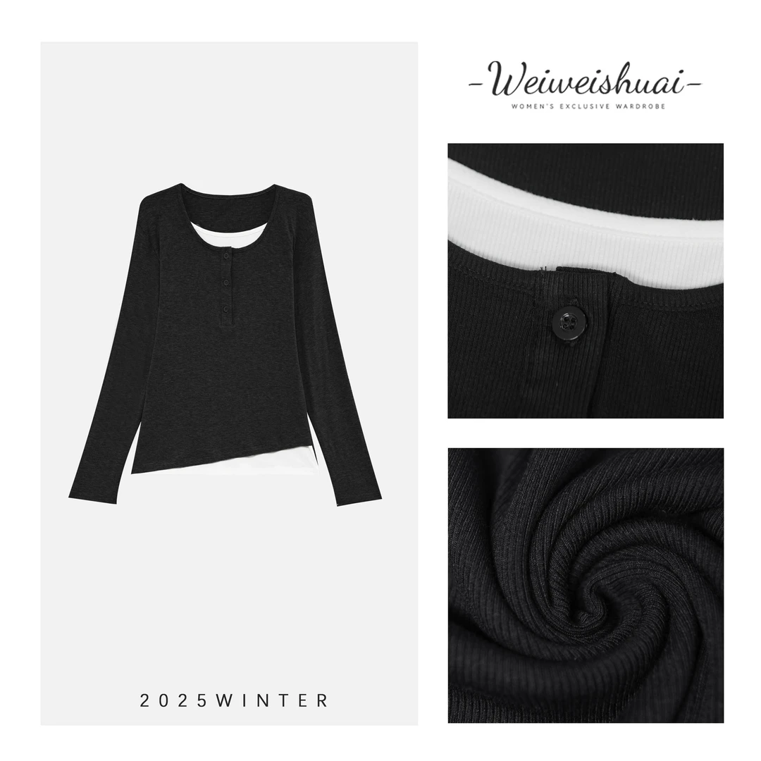 【微姐服饰】春季女士时尚百搭薄款圆领假两件长袖打底衫3109