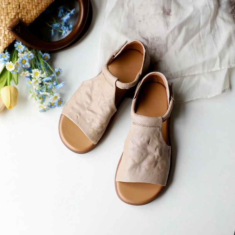 牛皮凉鞋25夏季新款鞋魔术贴手抓纹真皮复古平跟露趾凉鞋