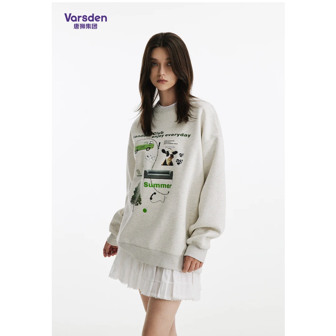 唐狮集团Varsden420克重磅美式印花圆领卫衣复古宽松情侣套头衫