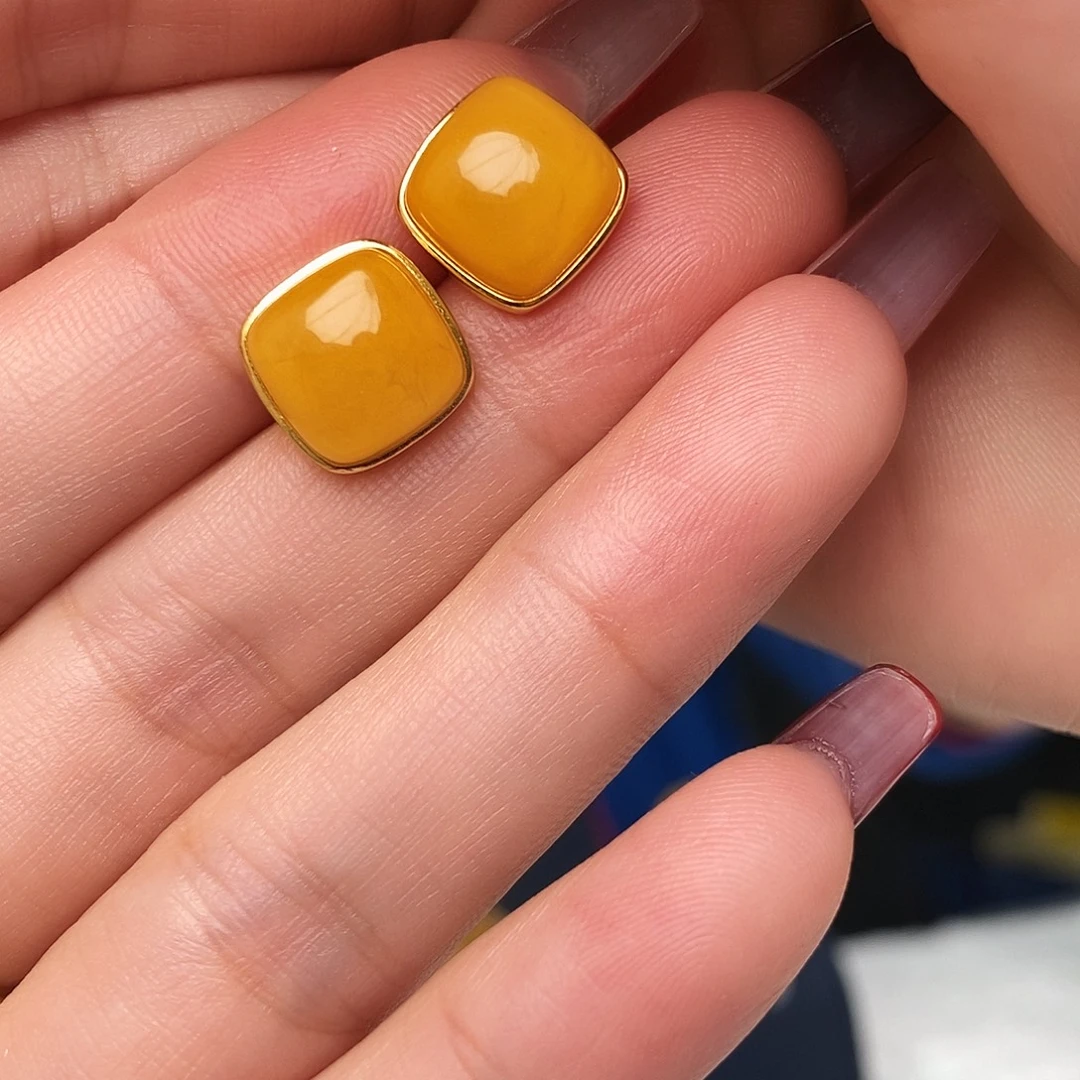 蜜蜡银S925镀金镶嵌耳饰