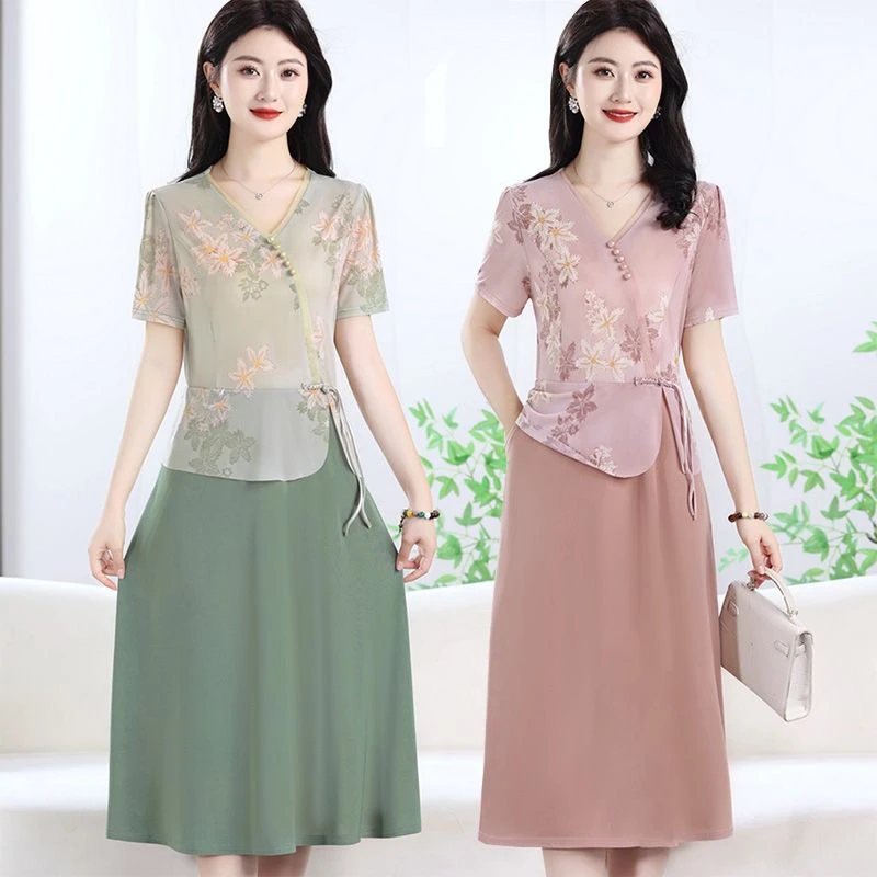 夏季新款妈妈短袖假两件连衣裙新中式洋气遮肚显瘦中年女气质裙子