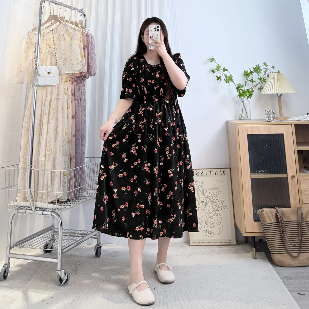 2025新品【格桑花香】原创气质百搭大码200斤松紧高腰显瘦连衣裙