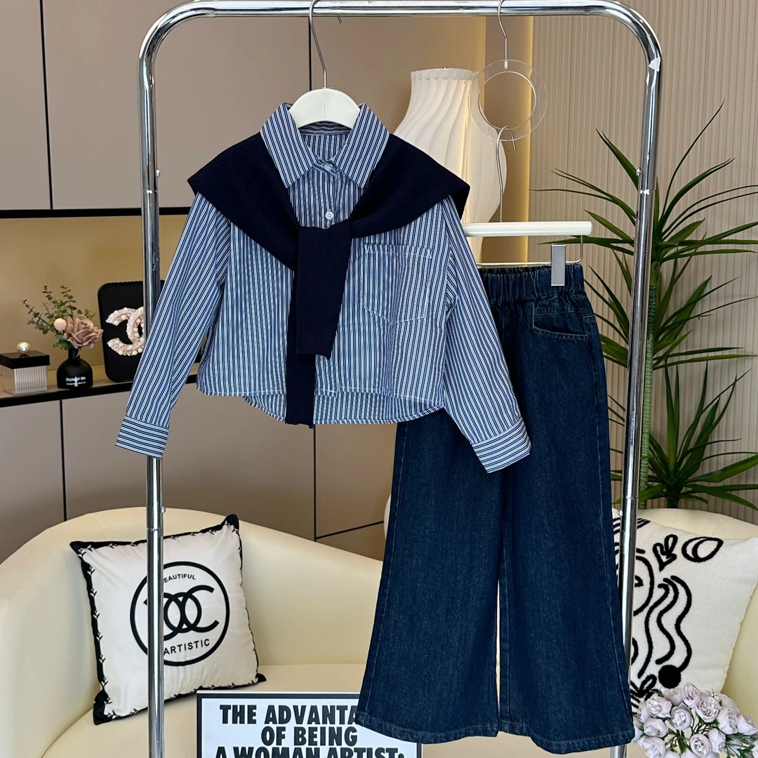 【糖宝魔豆】女童气质秋装条纹衬衫披肩套装新款中大童牛仔阔腿裤子