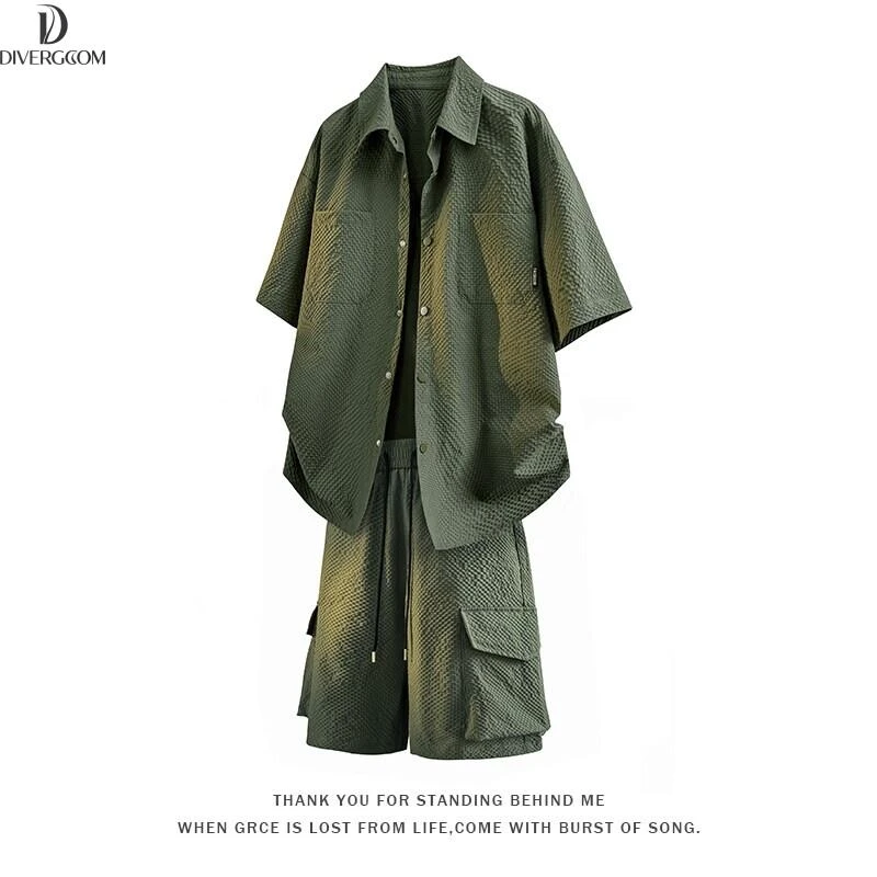 泡泡纱冰丝垂感休闲运动套装男士夏季新款痞帅高秋季男士痞帅套装