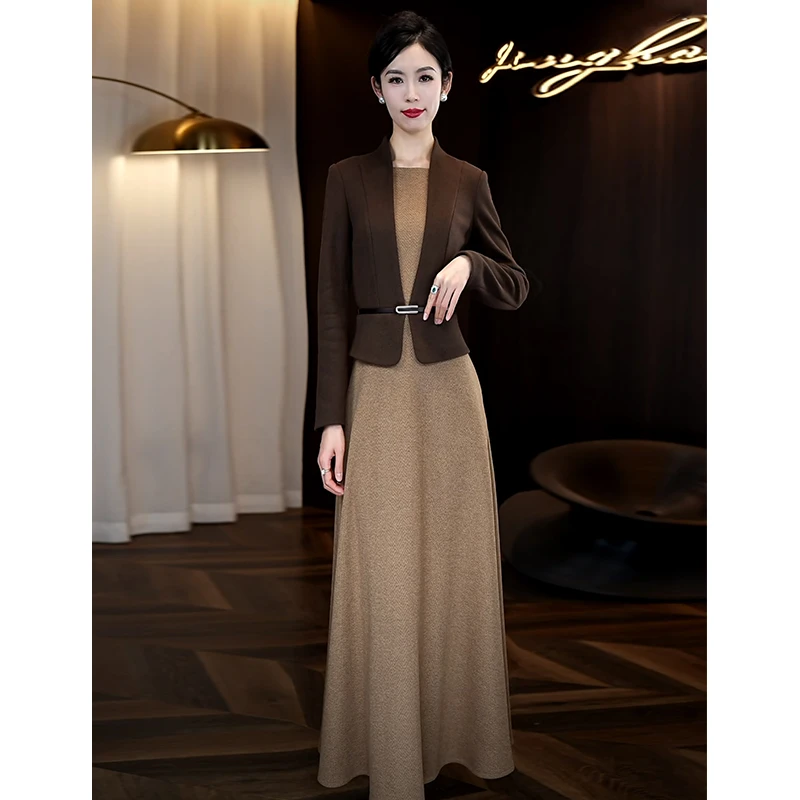 加厚毛呢假两件连衣裙女2025秋冬新款修身显瘦气质长裙高级感裙子