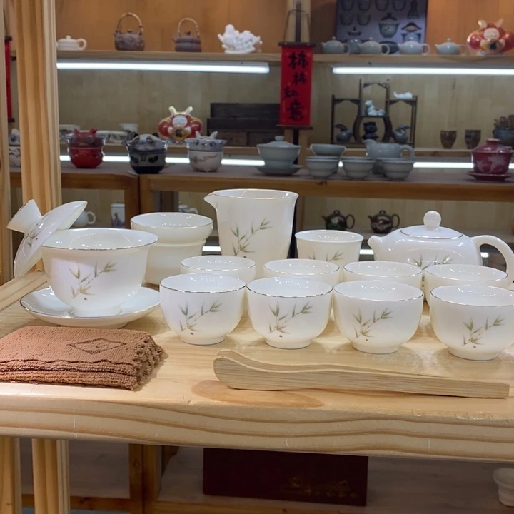 竹报平安羊脂玉茶具套装