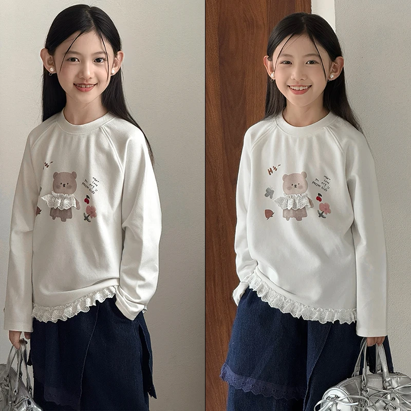 2025秋装新款女童印花卡通下摆蕾丝边长袖宽松加厚T恤T25229