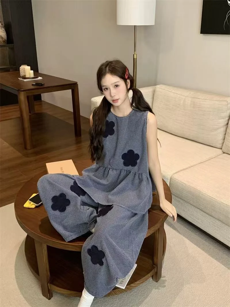 루루가−（白茶少女）韩国东大门超火夏装韩系慵懒气质花朵无袖上衣套装