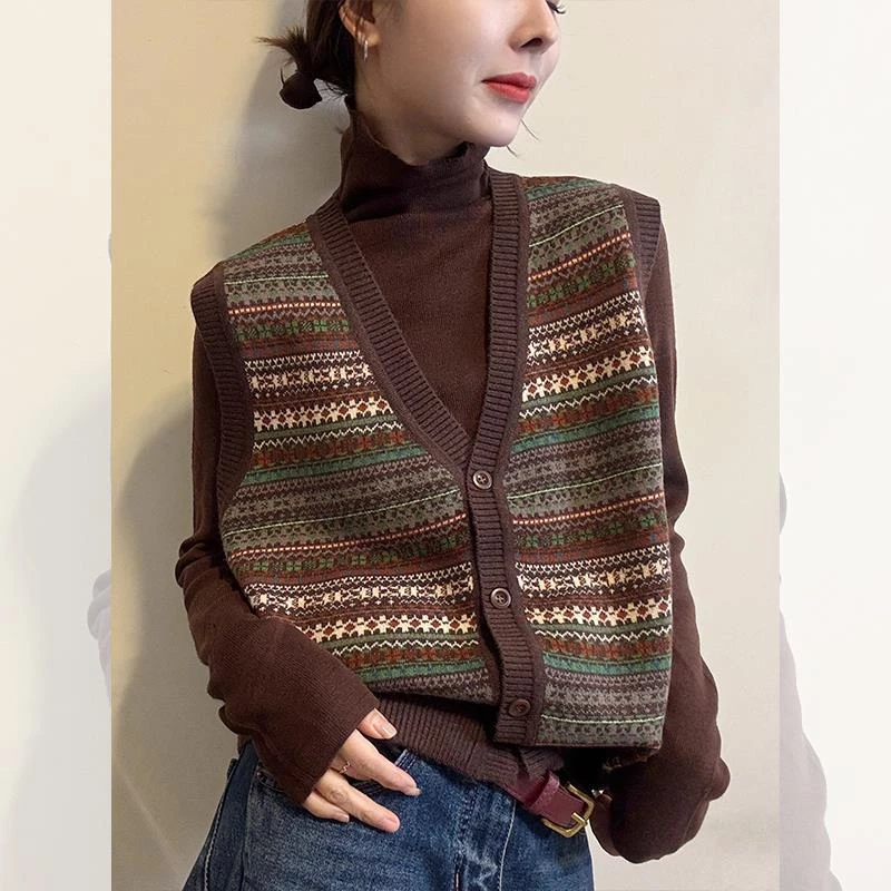 欧货时尚复古费尔岛提花V领针织马甲女叠穿打底衫减龄洋气两件套