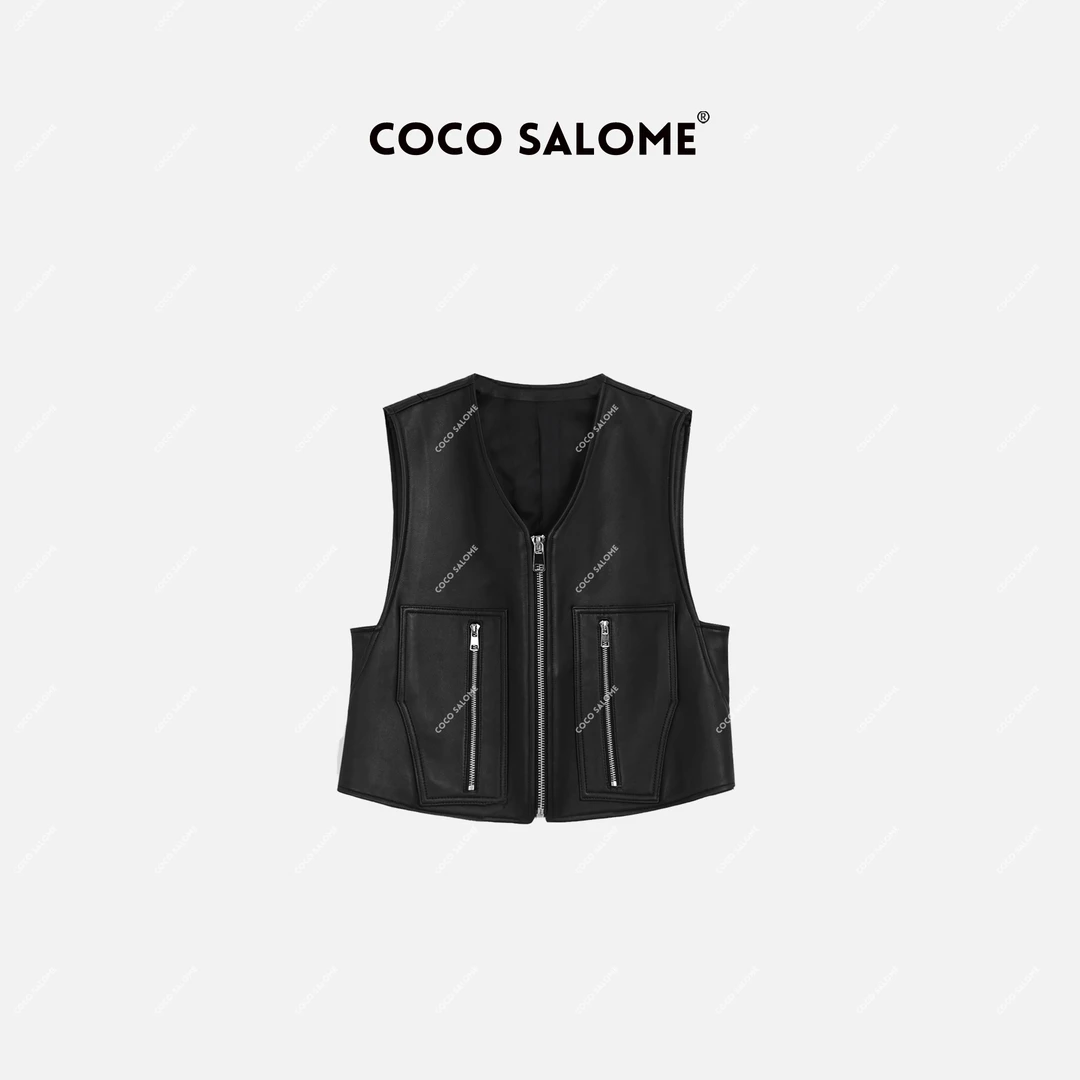 韩彬彬CS"继承者"早春外穿轻奢黑色无袖女款羊皮马甲4010-(14)