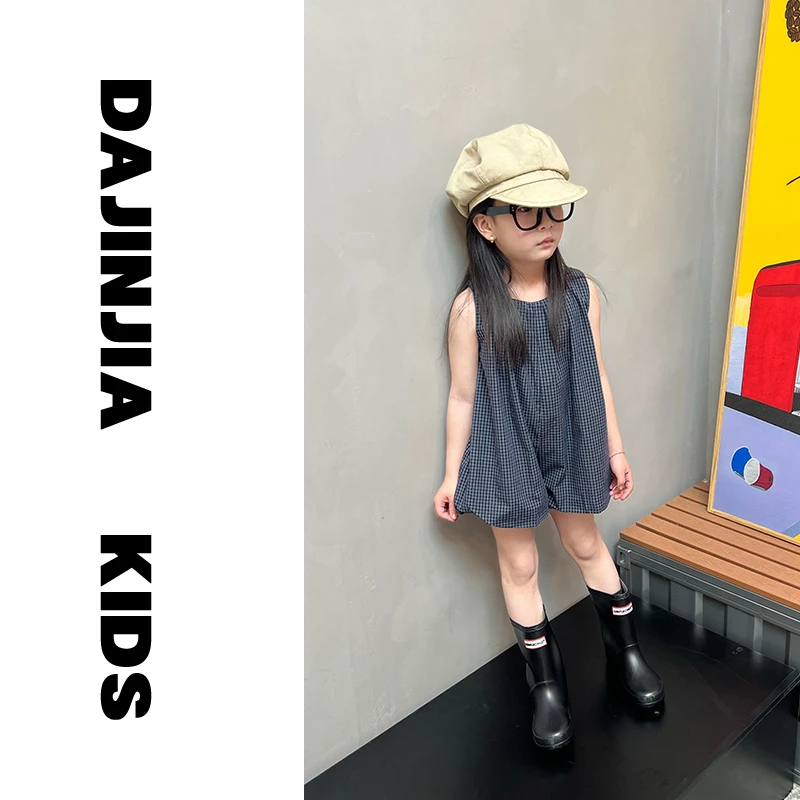 大金定制新款夏季韩系风巨洋气连衣裙小格子女宝宝藏青色背心裙