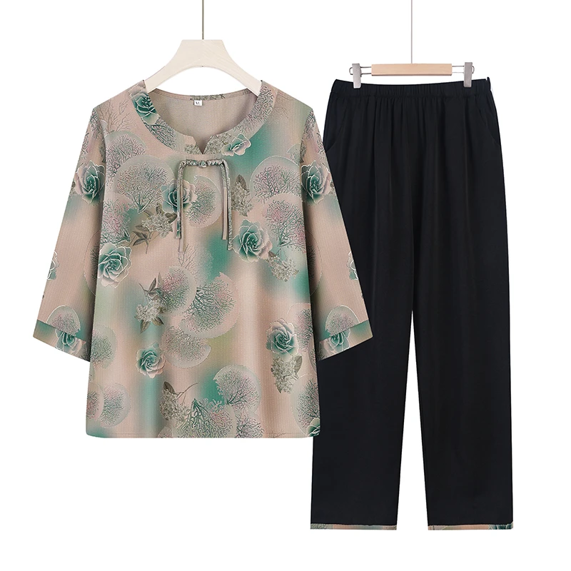 A885 妈妈装夏款中袖洋气套装中老年宽松上衣松紧腰裤子奶奶套装