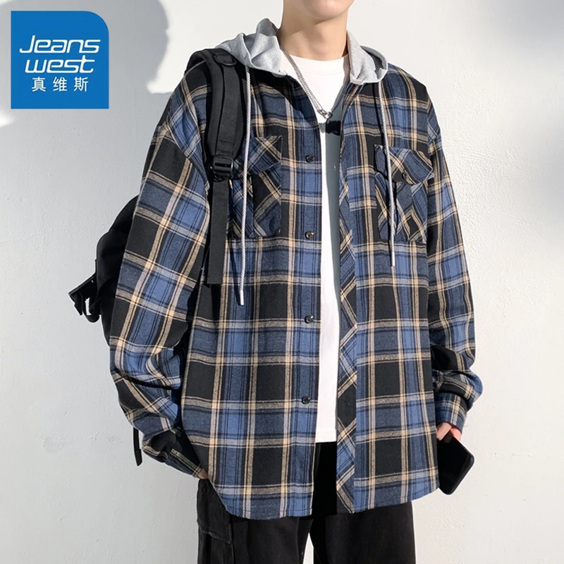 真维斯春秋季男士潮流休闲长袖宽松百搭港风格子衫韩版轻薄外套男