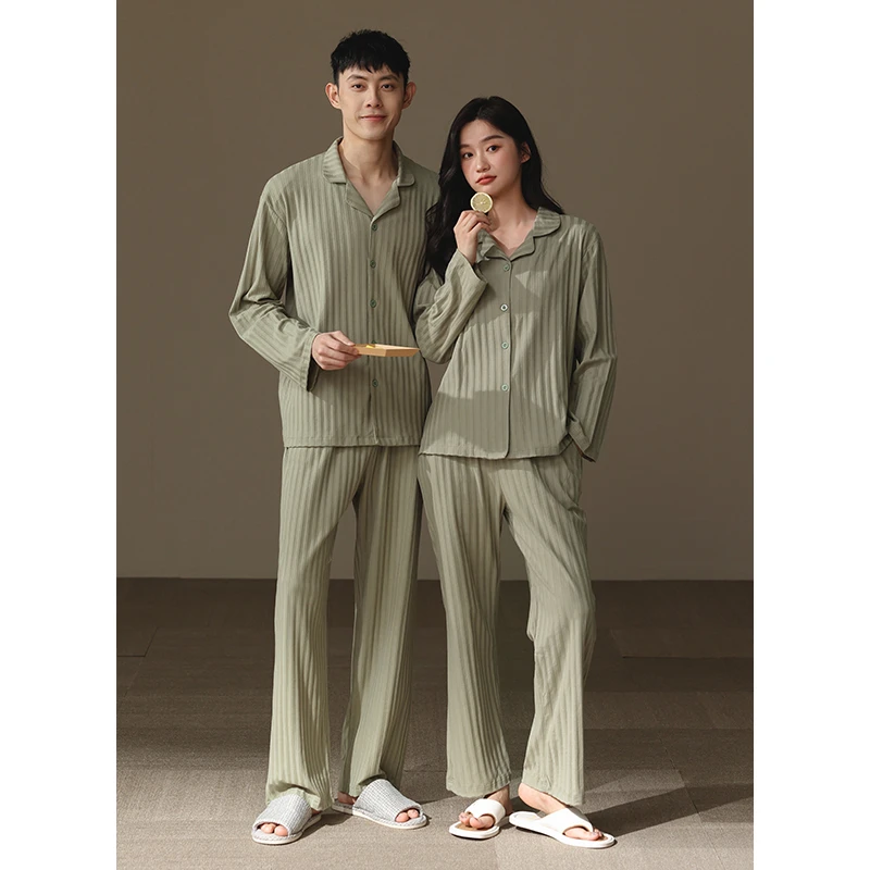 现货+运费险2025新款情侣家居服睡衣春秋款纯棉条纹开衫款家居服