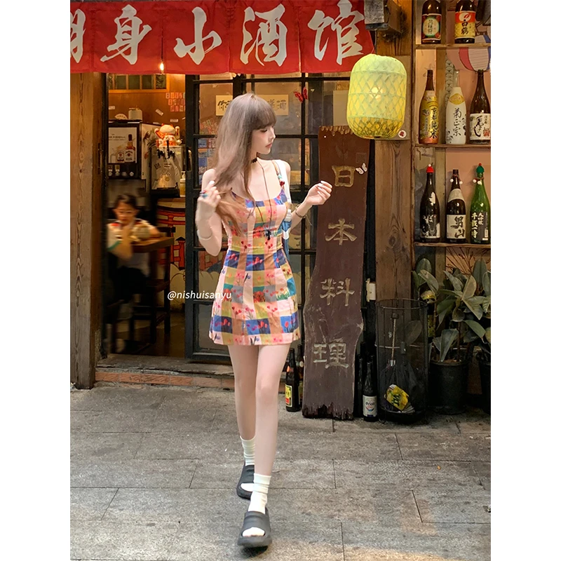 溺水三鱼【酒渍花集】复古油画百花格小个子辣妹纯欲连衣裙