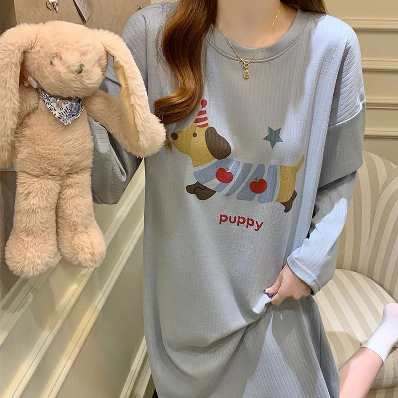 韩版宽松ins睡衣女带胸垫春秋新款腊肠狗睡裙圆领休闲家居服2025