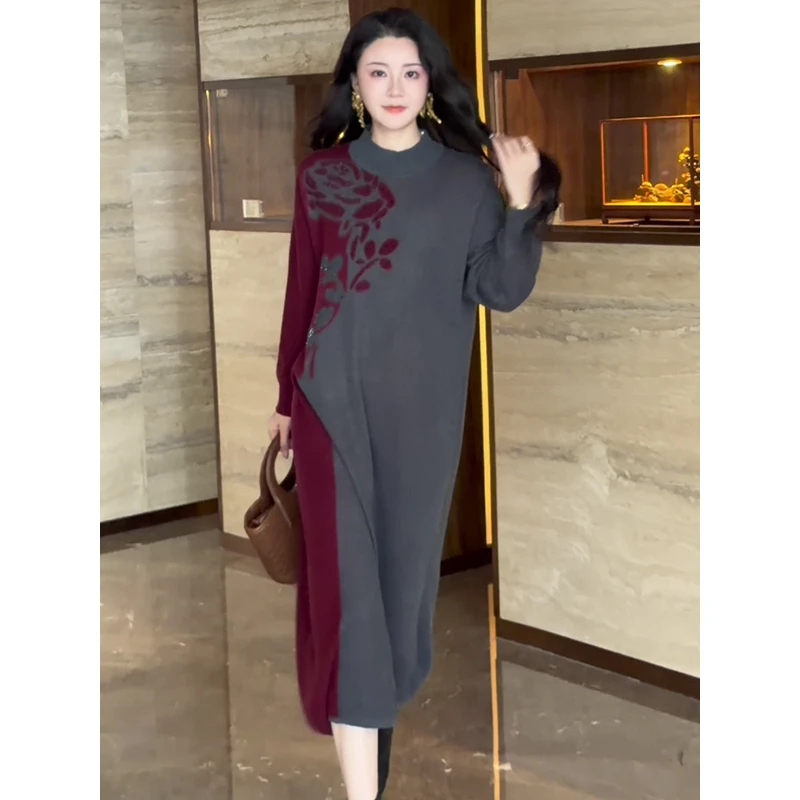 9339#妈妈洋气印花针织连衣裙长款秋冬装时尚过膝洋气毛衣裙子