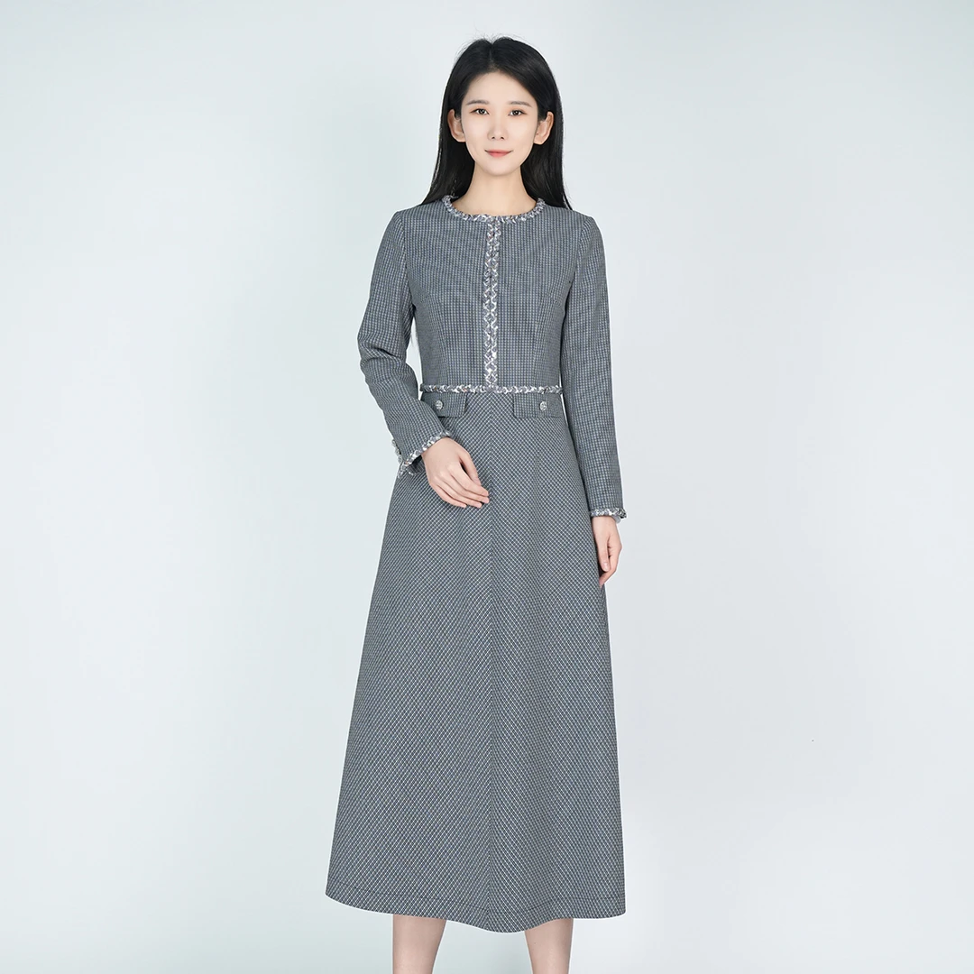 浒城古娘国风中式秋冬新款藏蓝色中长款羊毛听溪连衣裙HCSS050876