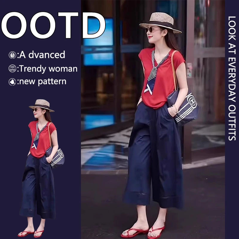 2025超火夏装一整套时尚减龄巨好看的红色短袖休闲裤两件套装女装