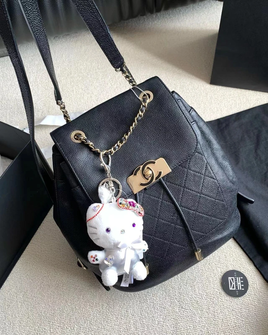 95新 Chanel/香奈儿 黑金鱼子酱珐琅金扣双肩包  22cm 15946032
