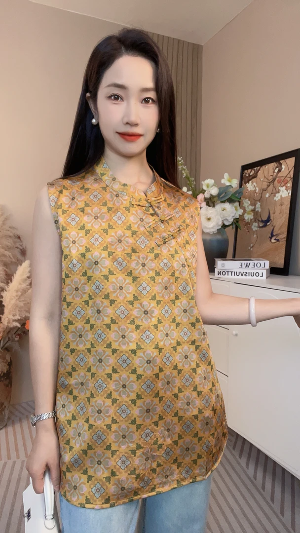 新中式夏季植物花卉常规款立领无袖上衣提花复古国风