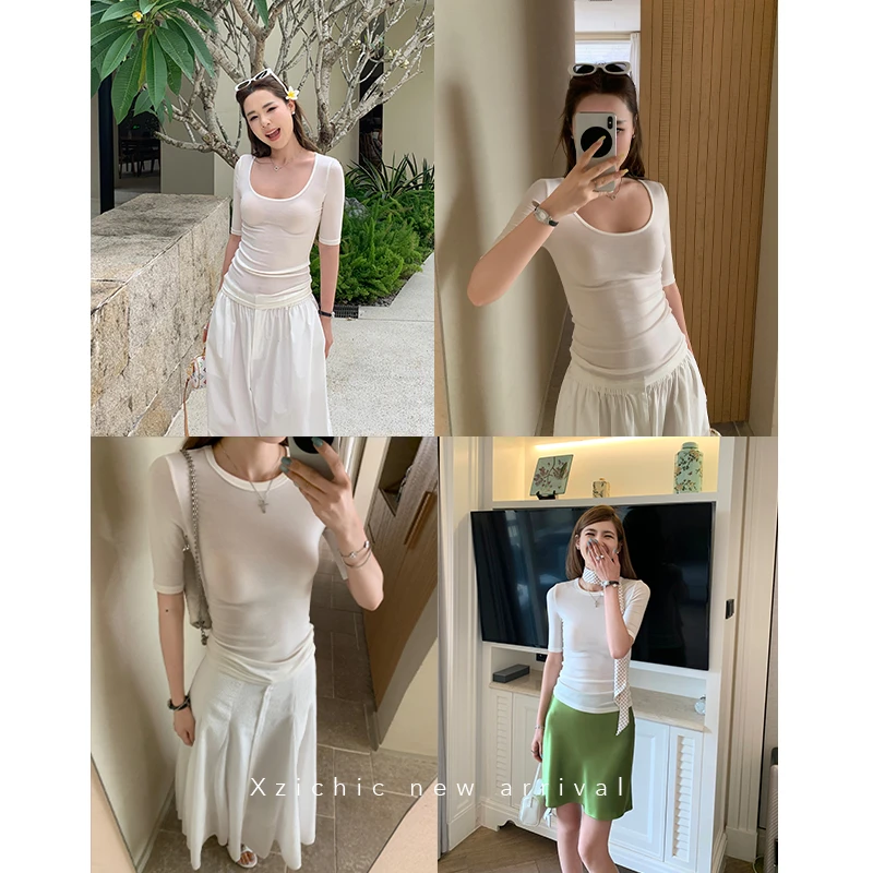 Xzichic 氧气感大U领圆领短袖T恤夏季新款天丝羊毛舒适中袖上衣女