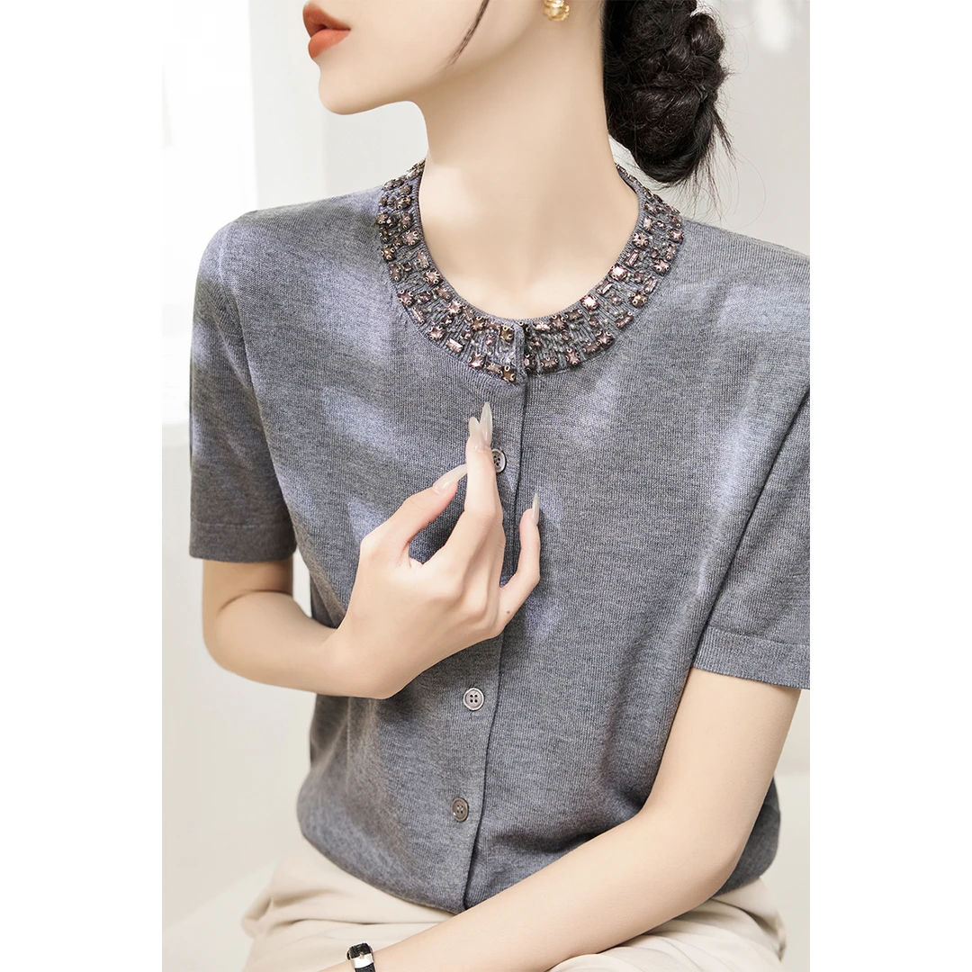 2025夏季新款女装重工镶钻设计宽松短袖针织开衫圆领薄款T恤上衣