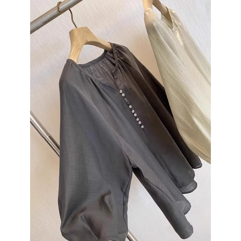 巨好看！上身绝美！高级感皮球扣七分袖宽松衬衫女夏季新款气质上衣