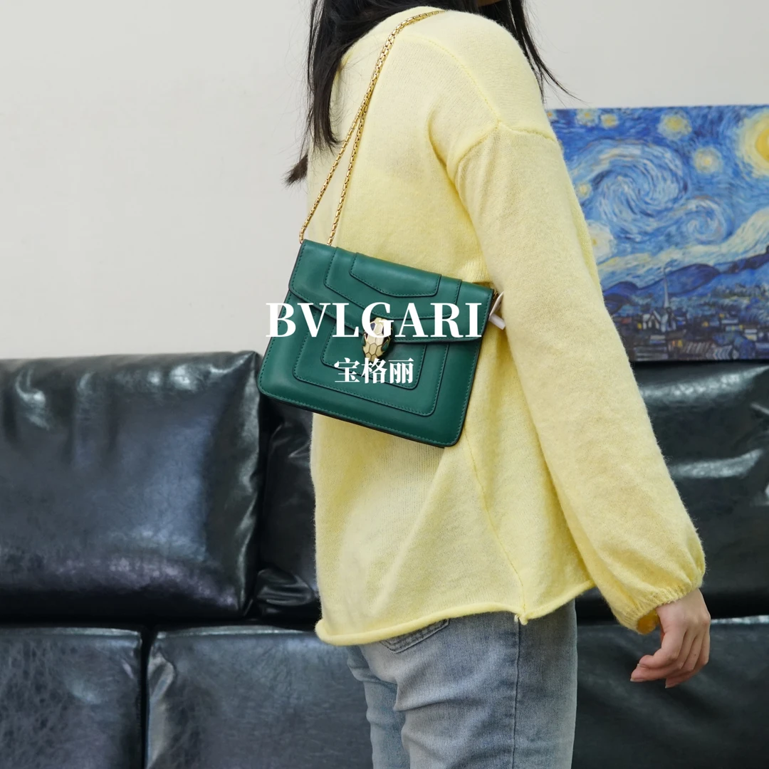 95新 BVLGARI/宝格丽 绿色蛇头链条包/EE03215208/5208