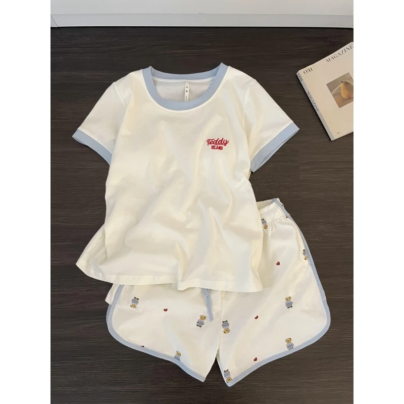 韩版慵懒风可爱小熊字母印花短袖睡衣女款夏季新款亲肤家居服套装