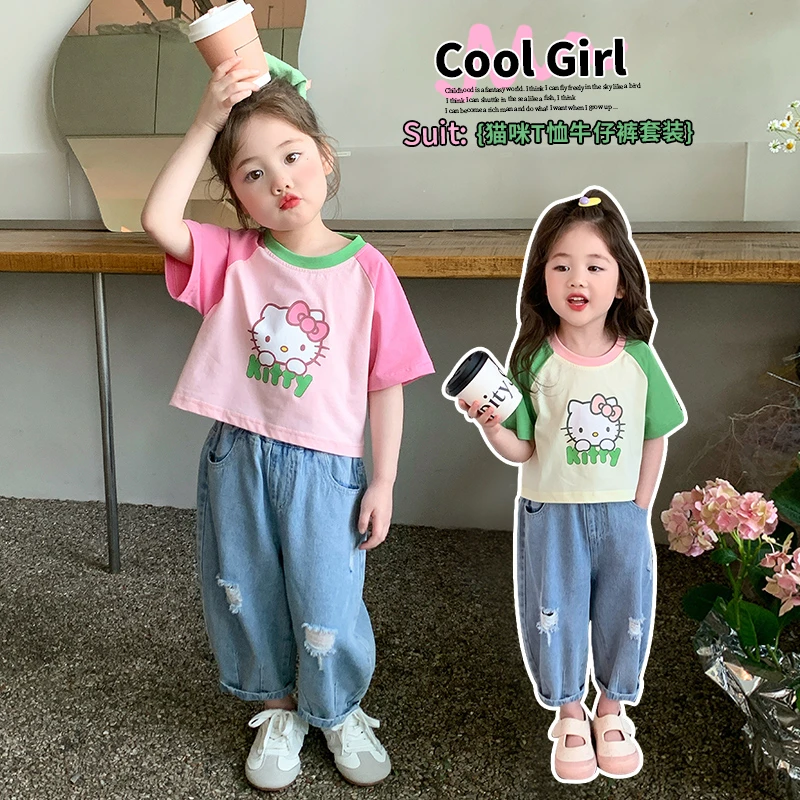 女童套装洋气儿童短袖薄款牛仔裤子两件套小女孩宝宝夏装2025新款