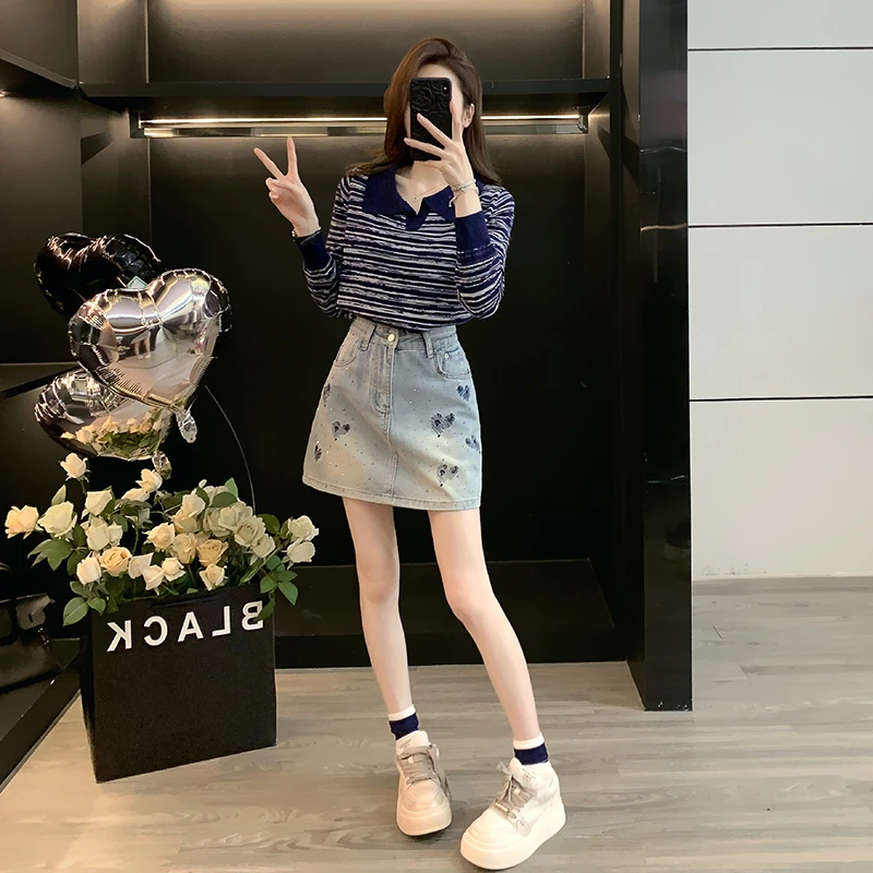 韩系复古气质休闲套装女春秋2025新款翻领条纹针织衫牛仔裙两件套