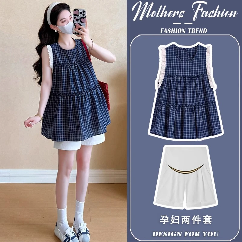 孕妇套装夏季2025新款时尚蓝色格子飞飞袖薄款无袖上衣短裤两件套