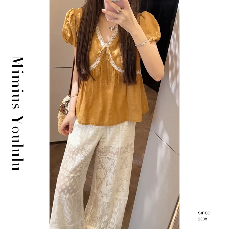 【mimius】七七 复古设计感蕾丝拼接V领上衣+长裤（松紧腰）G06353