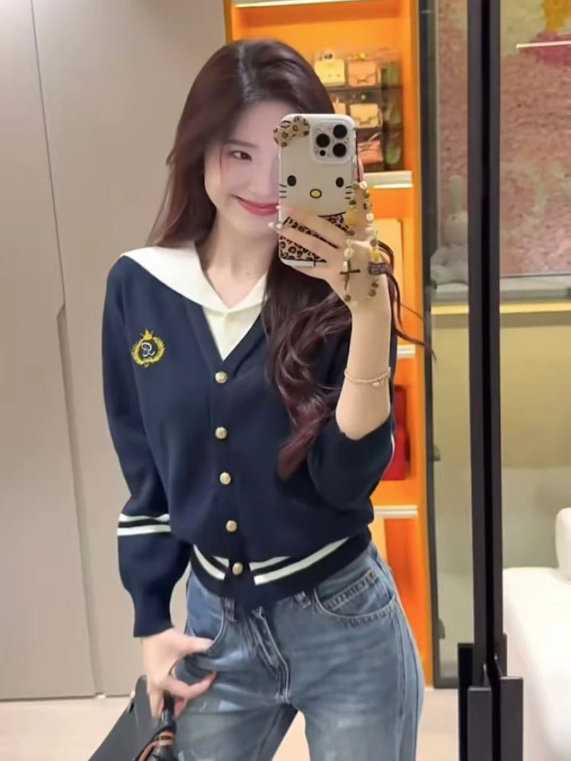 秋季洋气拼色长袖海军领上衣韩系学院风拼接假两件针织衫521649