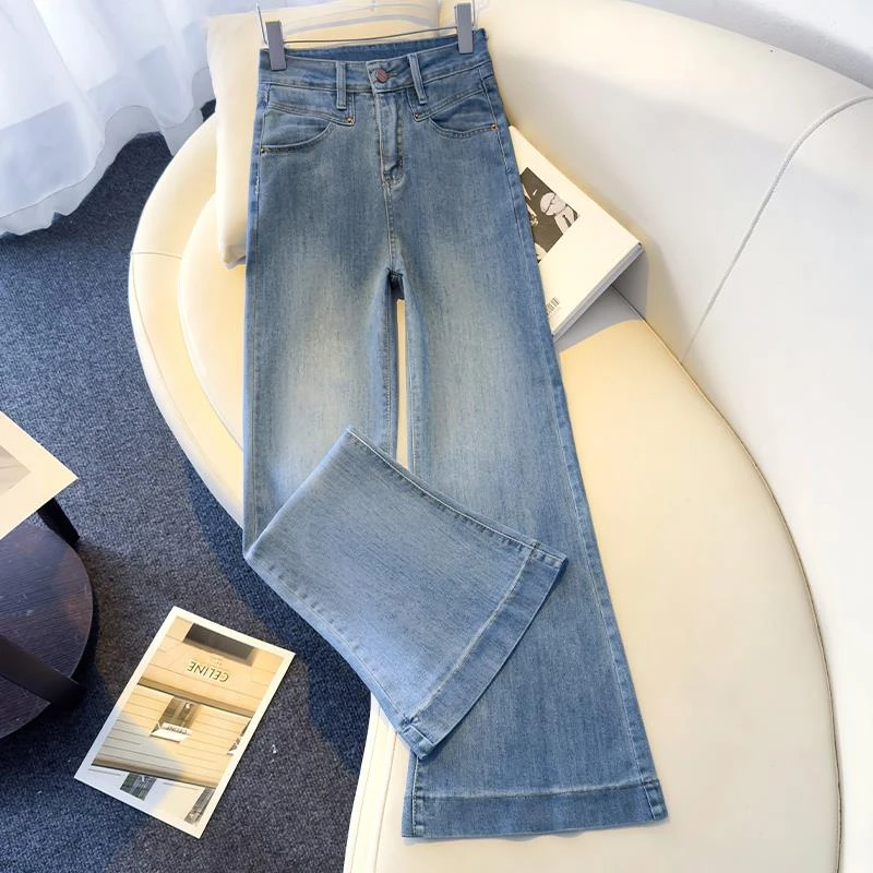 蓝色微喇牛仔裤女春夏季2025年新款女士修身显瘦百搭弹力拖地裤子