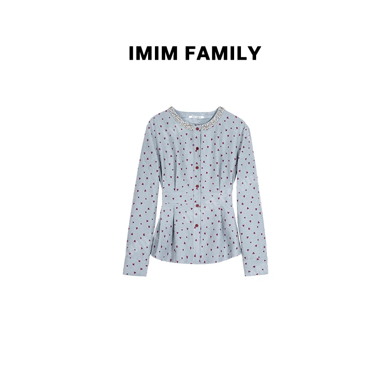 “心动时刻”法式圆领镶钻爱心印花收腰衬衫秋季新款洋气时尚上衣